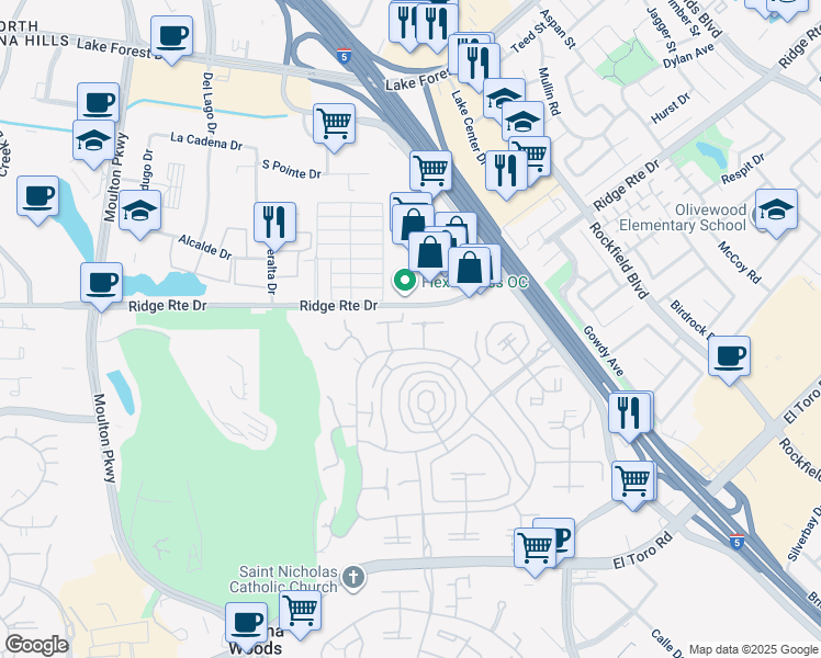 map of restaurants, bars, coffee shops, grocery stores, and more near 2381 Via Mariposa West in Laguna Woods