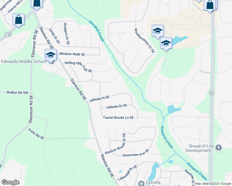 map of restaurants, bars, coffee shops, grocery stores, and more near 1420 Hillside Place Southeast in Conyers
