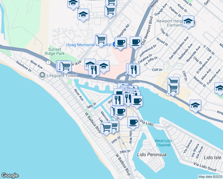 map of restaurants, bars, coffee shops, grocery stores, and more near 58 Balboa Coves in Newport Beach