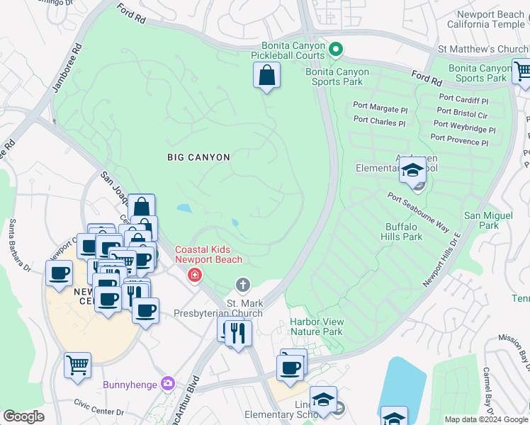map of restaurants, bars, coffee shops, grocery stores, and more near 15 Cypress Point Lane in Newport Beach