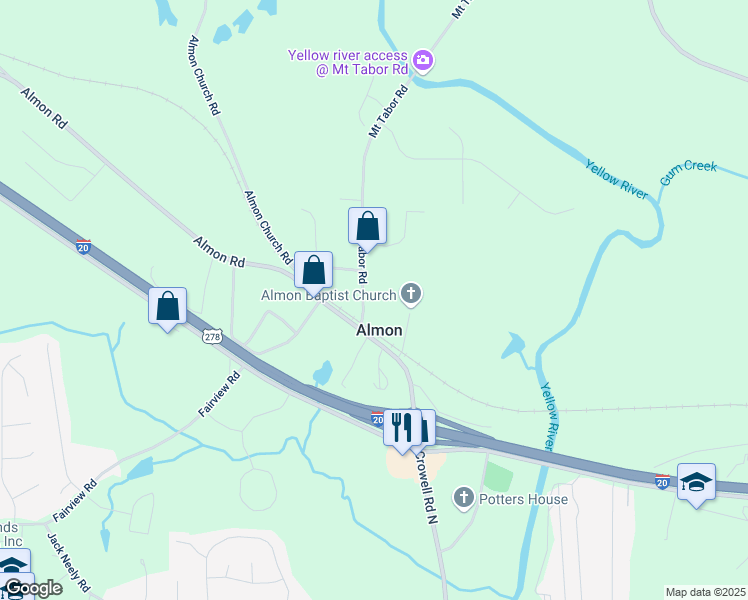 map of restaurants, bars, coffee shops, grocery stores, and more near 36 Mount Tabor Road in Covington
