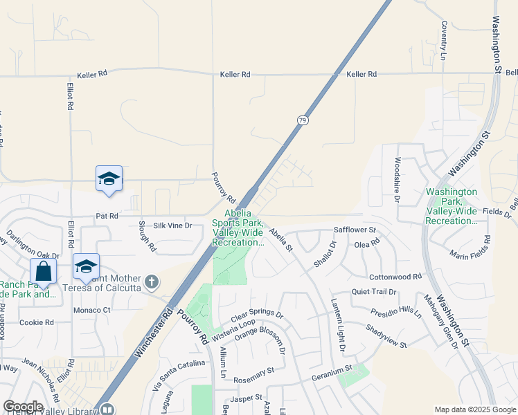 map of restaurants, bars, coffee shops, grocery stores, and more near 34495 Agave Drive in Winchester