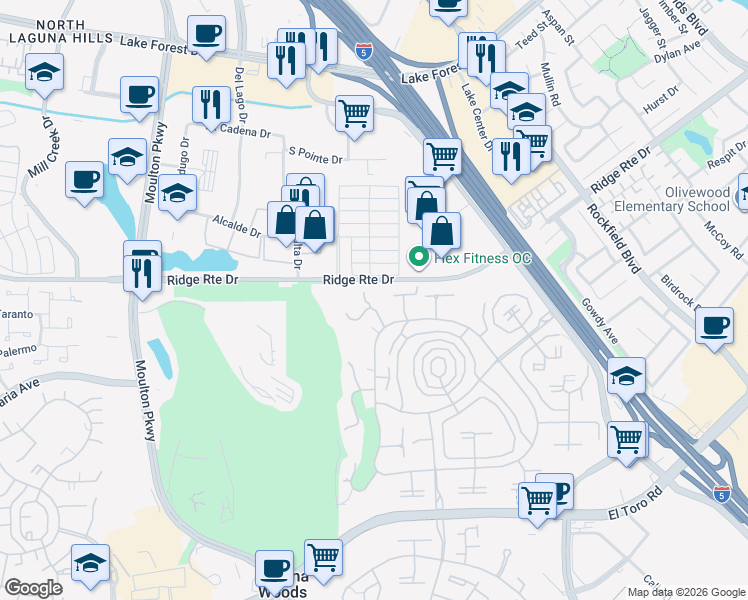 map of restaurants, bars, coffee shops, grocery stores, and more near 2405 Via Mariposa West in Laguna Woods
