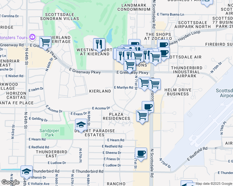 map of restaurants, bars, coffee shops, grocery stores, and more near 14635 North Kierland Boulevard in Scottsdale