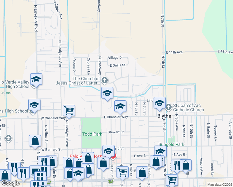 map of restaurants, bars, coffee shops, grocery stores, and more near 266 Shannon Street in Blythe