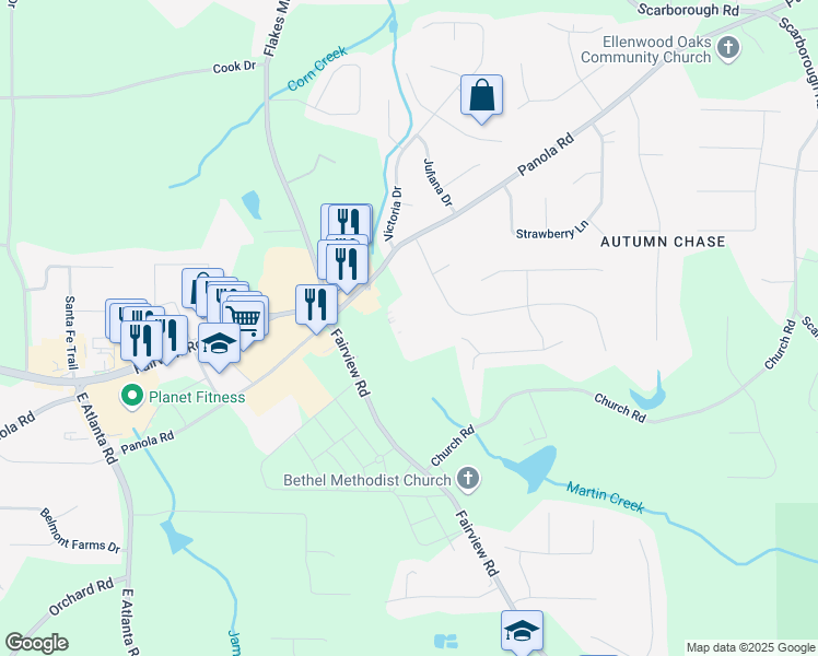map of restaurants, bars, coffee shops, grocery stores, and more near 40 in Ellenwood
