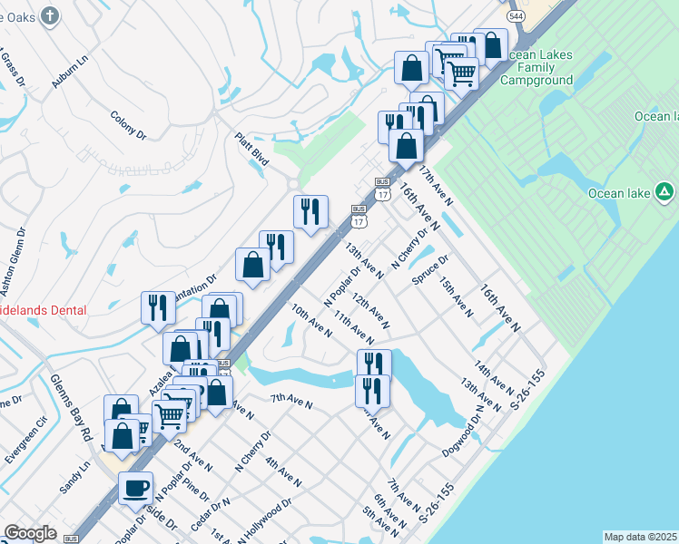 map of restaurants, bars, coffee shops, grocery stores, and more near 1133 Camellia Drive North in Surfside Beach