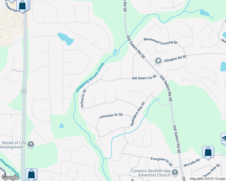 map of restaurants, bars, coffee shops, grocery stores, and more near 1140 Oxford Drive Southeast in Conyers