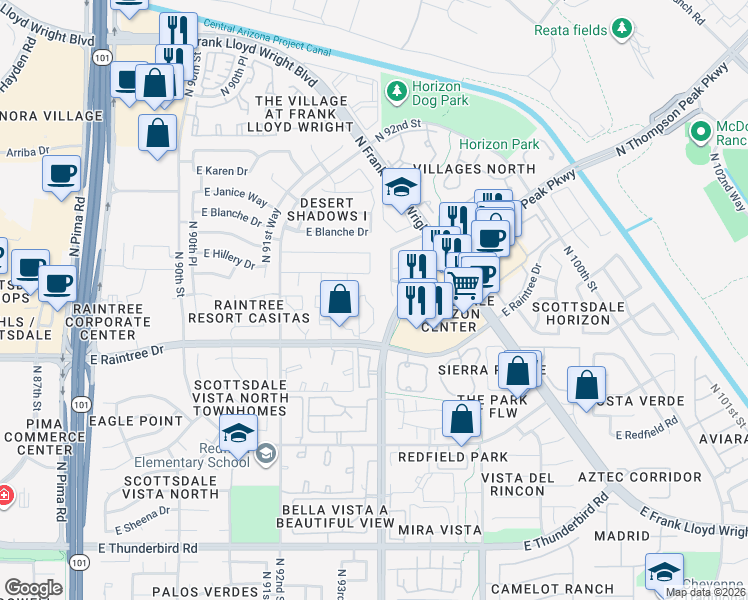 map of restaurants, bars, coffee shops, grocery stores, and more near 9347 East Hillery Way in Scottsdale