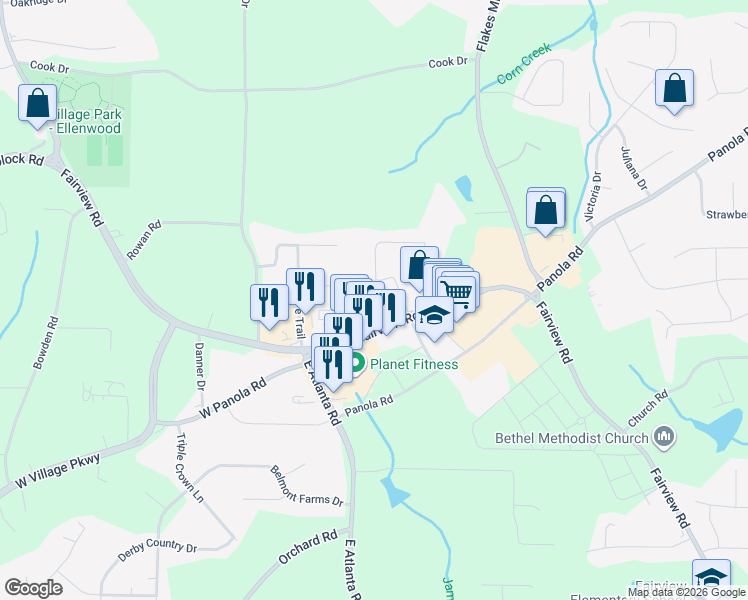 map of restaurants, bars, coffee shops, grocery stores, and more near 71 Wabash Drive in Ellenwood