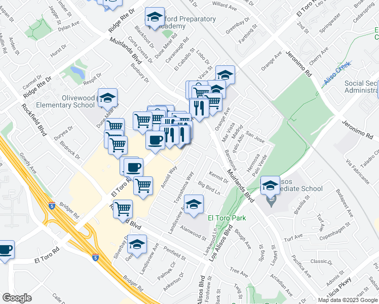 map of restaurants, bars, coffee shops, grocery stores, and more near 24701 Raymond Way in Lake Forest