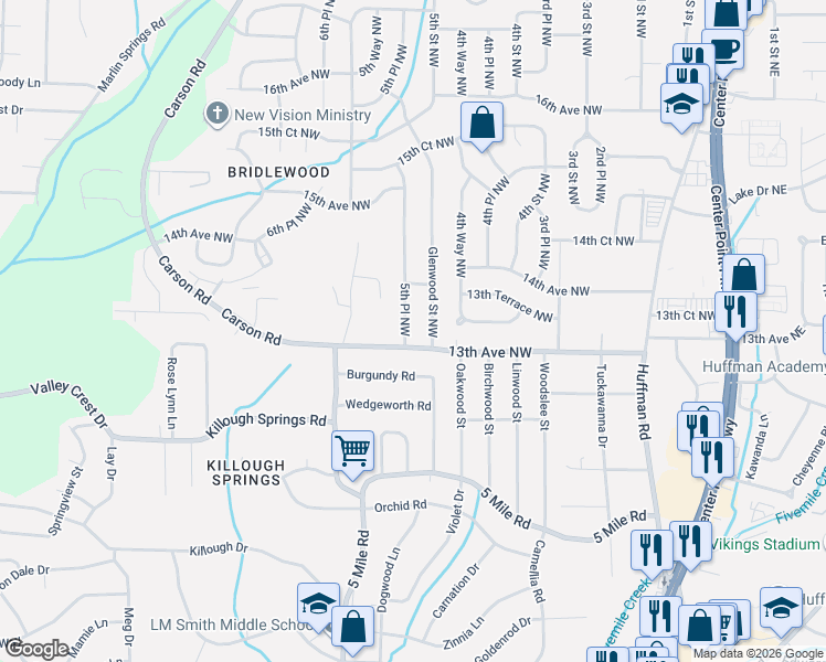 map of restaurants, bars, coffee shops, grocery stores, and more near 1320 Glenwood Street Northwest in Center Point