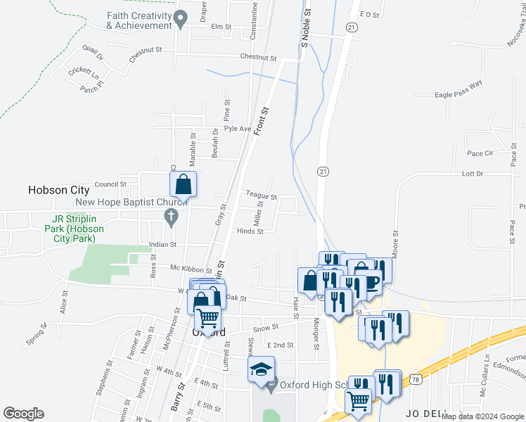 map of restaurants, bars, coffee shops, grocery stores, and more near 115 Miller Street in Oxford