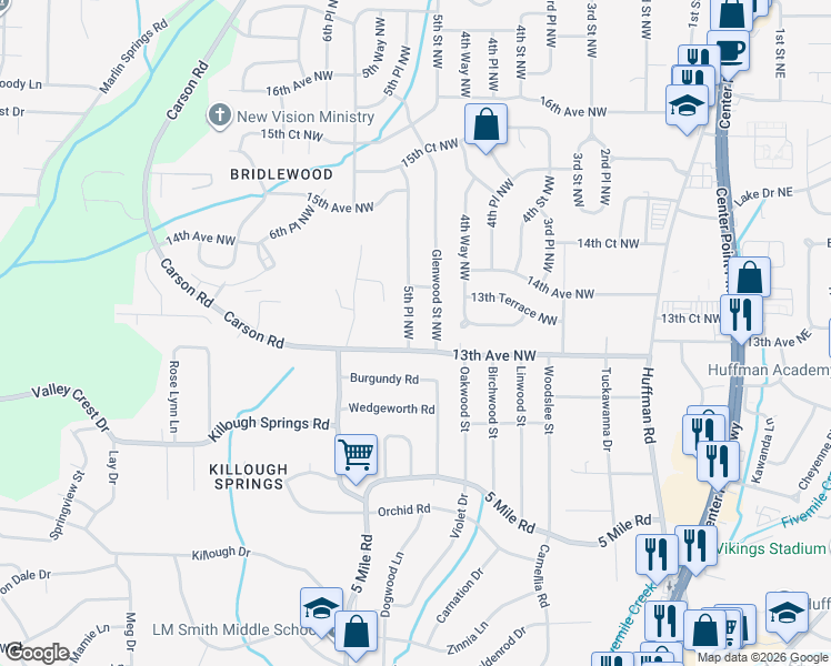 map of restaurants, bars, coffee shops, grocery stores, and more near 1320 Glenwood Street Northwest in Center Point