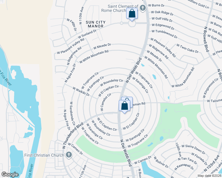map of restaurants, bars, coffee shops, grocery stores, and more near 10725 West Roundelay Circle in Sun City