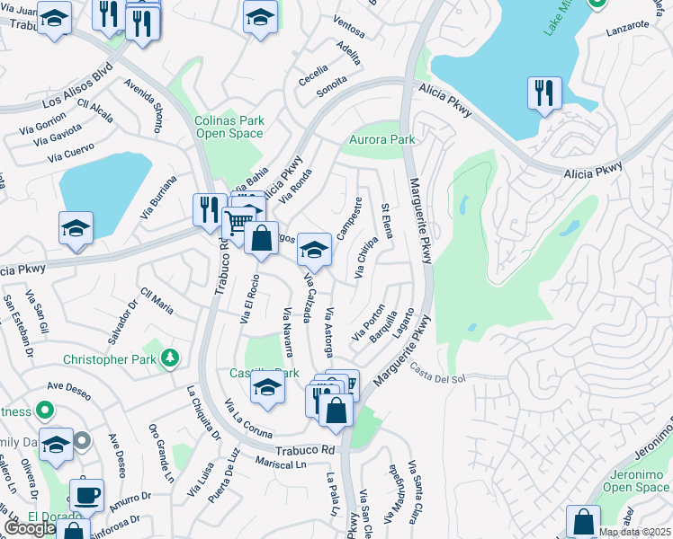 map of restaurants, bars, coffee shops, grocery stores, and more near 27255 Vía Burgos in Mission Viejo