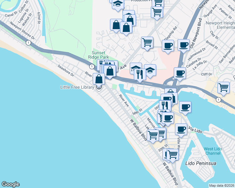 map of restaurants, bars, coffee shops, grocery stores, and more near 210 44th Street in Newport Beach