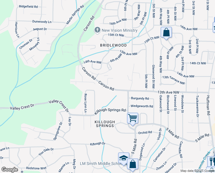 map of restaurants, bars, coffee shops, grocery stores, and more near 1375 Carson Road in Birmingham