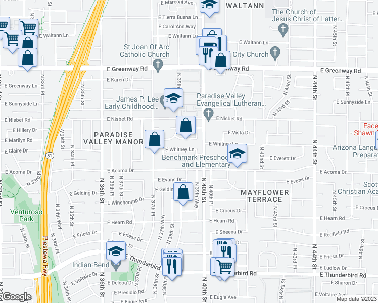 map of restaurants, bars, coffee shops, grocery stores, and more near 3869 East Whitney Lane in Phoenix