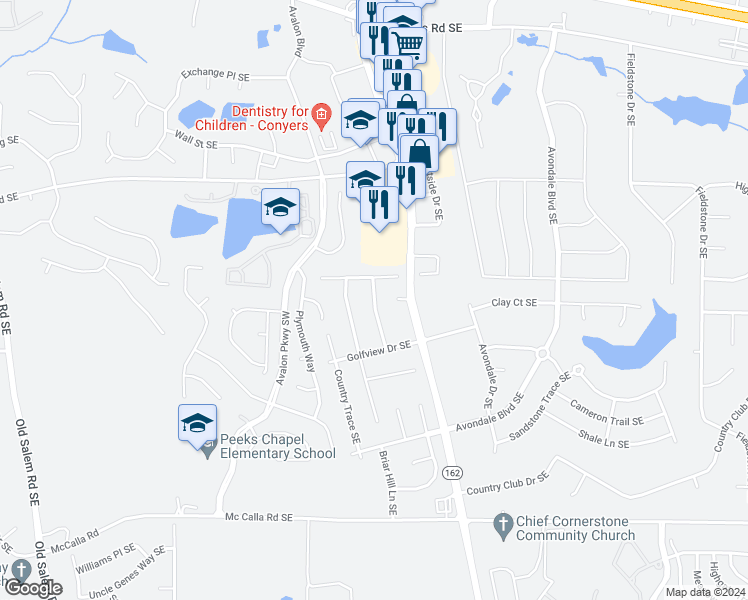 map of restaurants, bars, coffee shops, grocery stores, and more near 2591 Golfview Terrace Southeast in Conyers