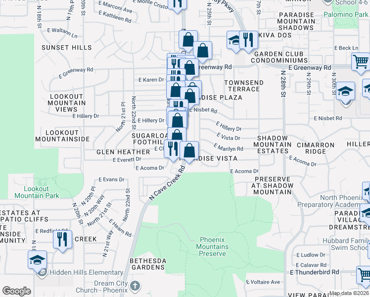 map of restaurants, bars, coffee shops, grocery stores, and more near North Cave Creek Road in Phoenix