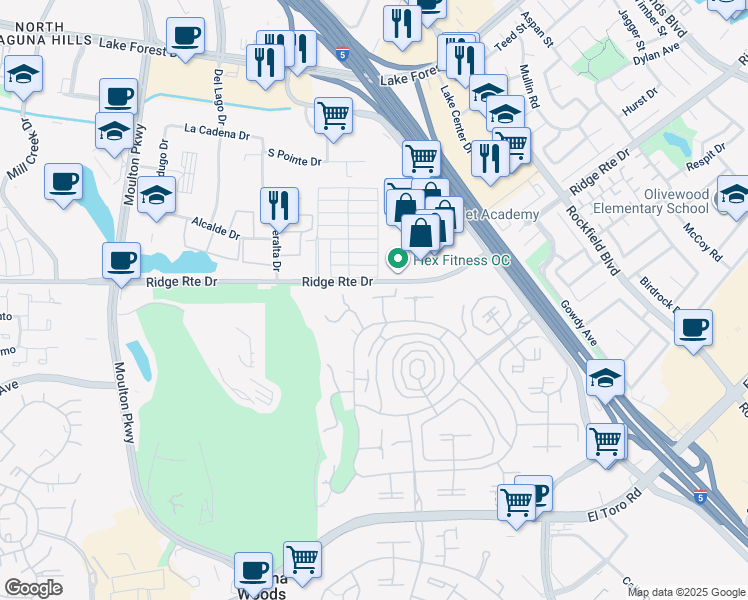 map of restaurants, bars, coffee shops, grocery stores, and more near 2380 Via Mariposa East in Laguna Woods