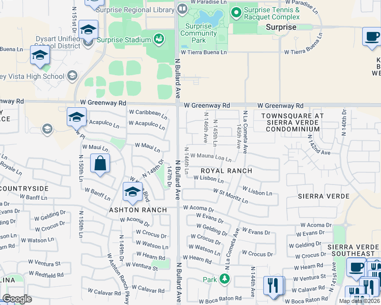map of restaurants, bars, coffee shops, grocery stores, and more near 14664 West Port Royale Lane in Surprise