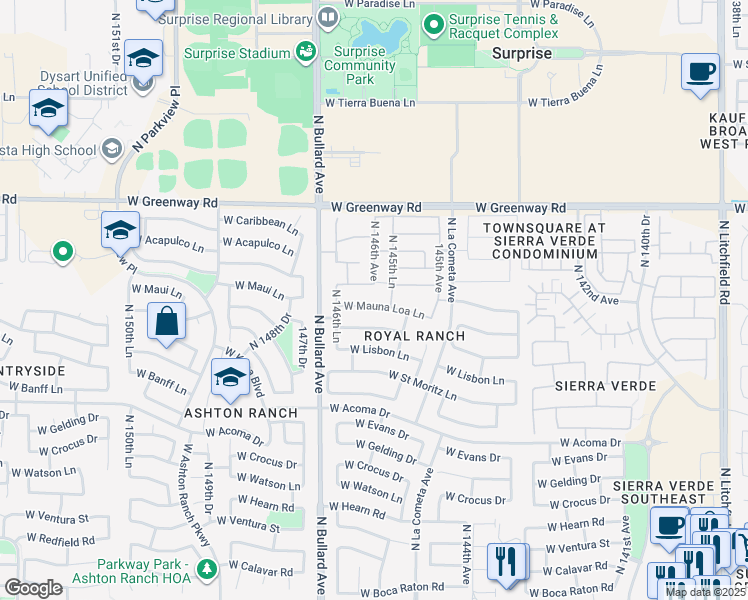 map of restaurants, bars, coffee shops, grocery stores, and more near 15085 North 146th Avenue in Surprise