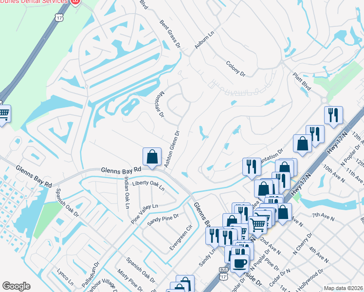 map of restaurants, bars, coffee shops, grocery stores, and more near 512 Garden Drive in Surfside Beach