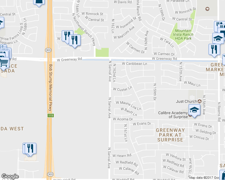 map of restaurants, bars, coffee shops, grocery stores, and more near 16277 West Custer Lane in Surprise