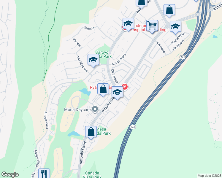 map of restaurants, bars, coffee shops, grocery stores, and more near 38 Vía Contento in Rancho Santa Margarita