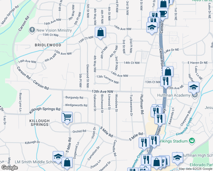 map of restaurants, bars, coffee shops, grocery stores, and more near 412 13th Court Northwest in Center Point