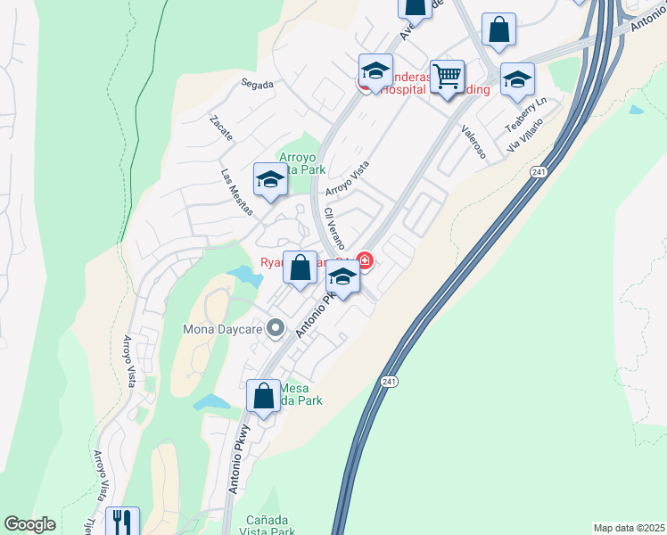 map of restaurants, bars, coffee shops, grocery stores, and more near 38 Vía Contento in Rancho Santa Margarita