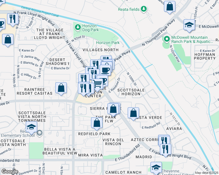 map of restaurants, bars, coffee shops, grocery stores, and more near 15095 North Thompson Peak Parkway in Scottsdale