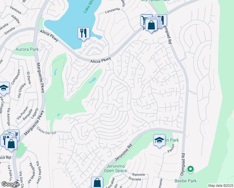 map of restaurants, bars, coffee shops, grocery stores, and more near 23641 Via Garfias in Mission Viejo