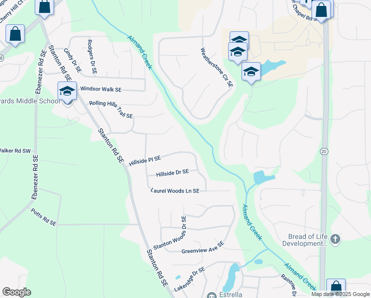 map of restaurants, bars, coffee shops, grocery stores, and more near 1426 Hillside Place Southeast in Conyers