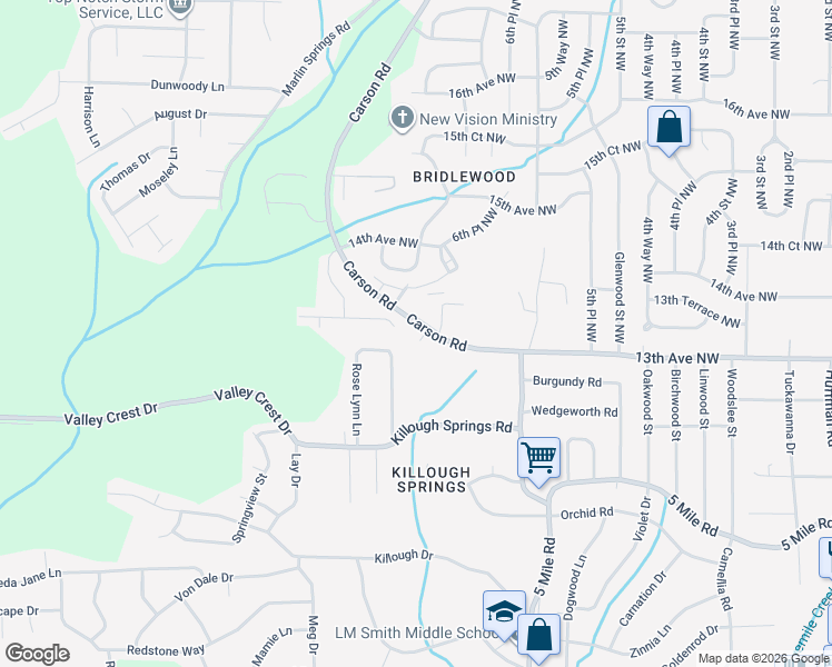 map of restaurants, bars, coffee shops, grocery stores, and more near 1401 Carson Road Northwest in Birmingham