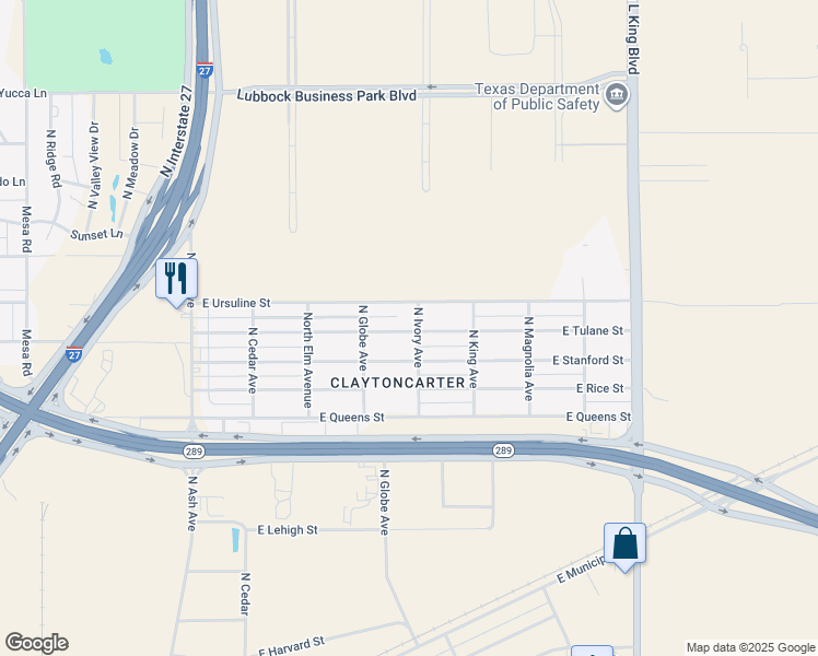 map of restaurants, bars, coffee shops, grocery stores, and more near 718 East Ursuline Street in Lubbock