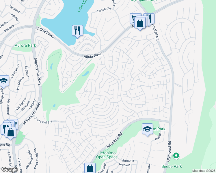 map of restaurants, bars, coffee shops, grocery stores, and more near 23641 Via Garfias in Mission Viejo