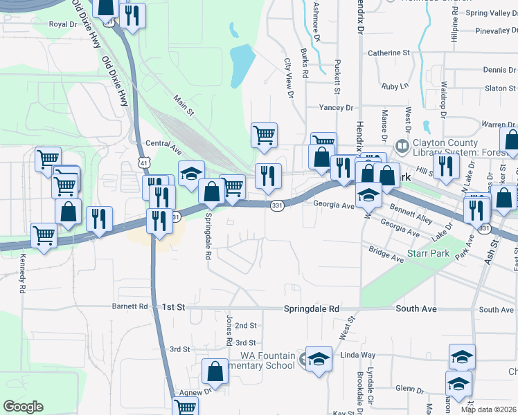 map of restaurants, bars, coffee shops, grocery stores, and more near 115 Governors Drive in Forest Park