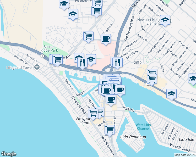 map of restaurants, bars, coffee shops, grocery stores, and more near 56 Balboa Coves in Newport Beach