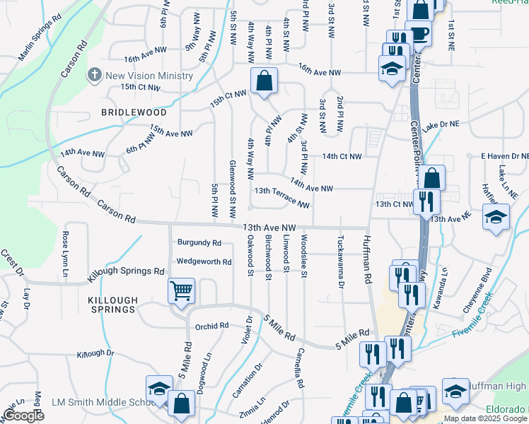 map of restaurants, bars, coffee shops, grocery stores, and more near 425 13th Court Northwest in Center Point