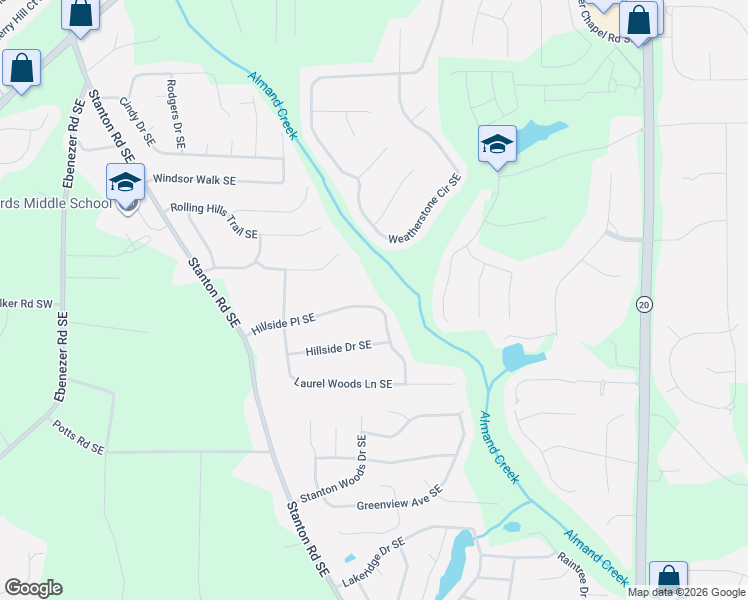 map of restaurants, bars, coffee shops, grocery stores, and more near 1432 Hillside Place Southeast in Conyers