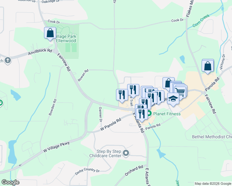 map of restaurants, bars, coffee shops, grocery stores, and more near 971 Clark Drive in Ellenwood