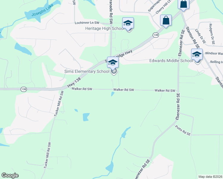 map of restaurants, bars, coffee shops, grocery stores, and more near 1869-1871 Walker Road Southwest in Conyers