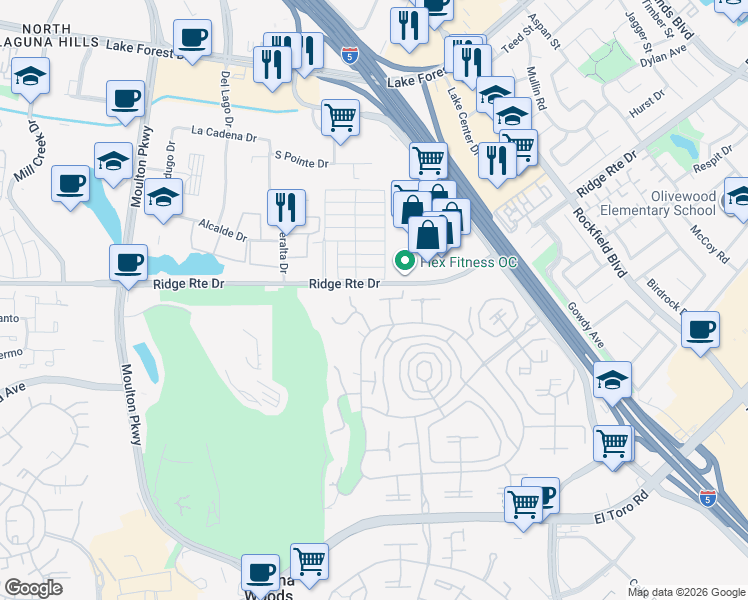 map of restaurants, bars, coffee shops, grocery stores, and more near 2375 Via Mariposa West in Laguna Woods