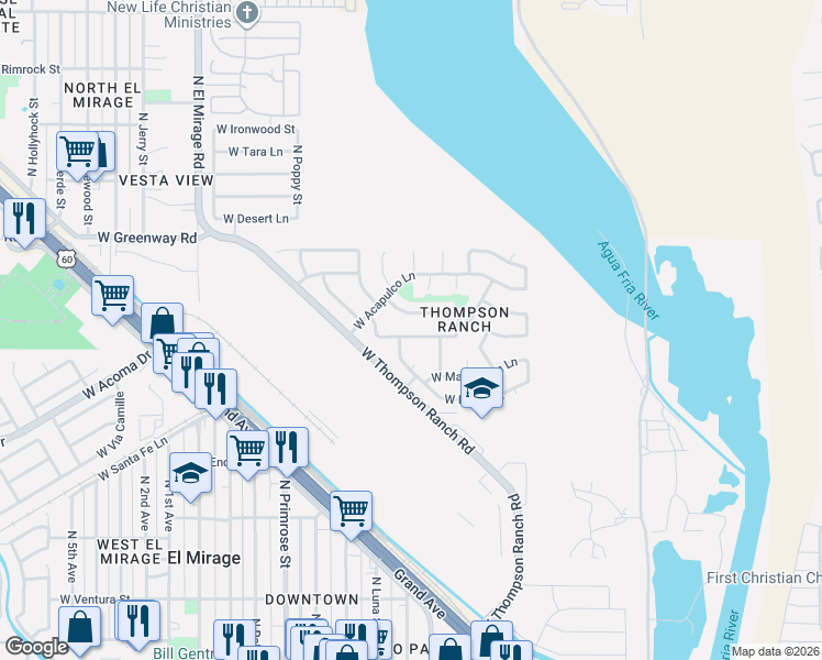 map of restaurants, bars, coffee shops, grocery stores, and more near 11846 West Port Royale Lane in El Mirage