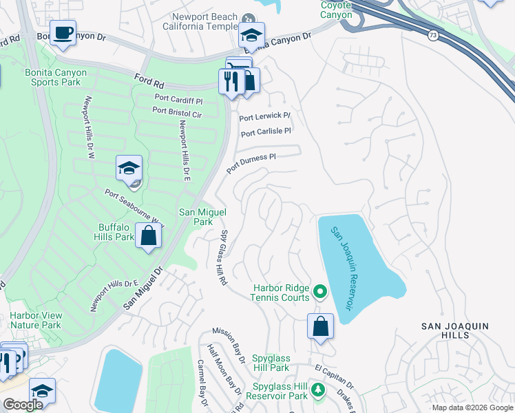 map of restaurants, bars, coffee shops, grocery stores, and more near 11 La Rochelle in Newport Beach
