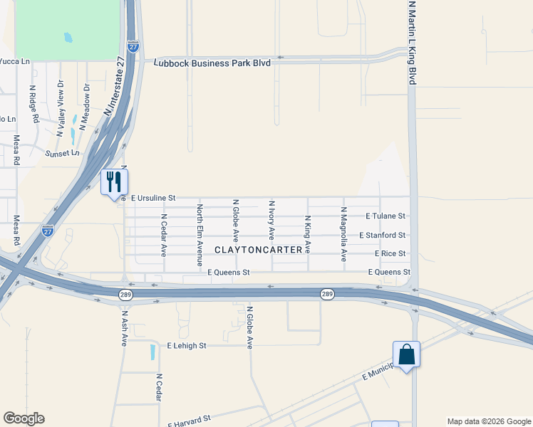 map of restaurants, bars, coffee shops, grocery stores, and more near 718 East Ursuline Street in Lubbock