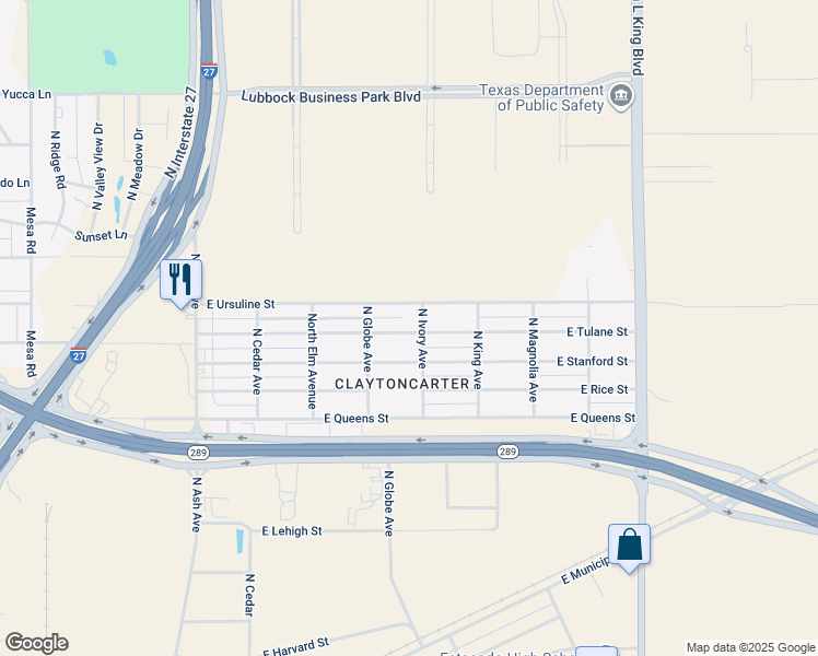 map of restaurants, bars, coffee shops, grocery stores, and more near 718 East Ursuline Street in Lubbock